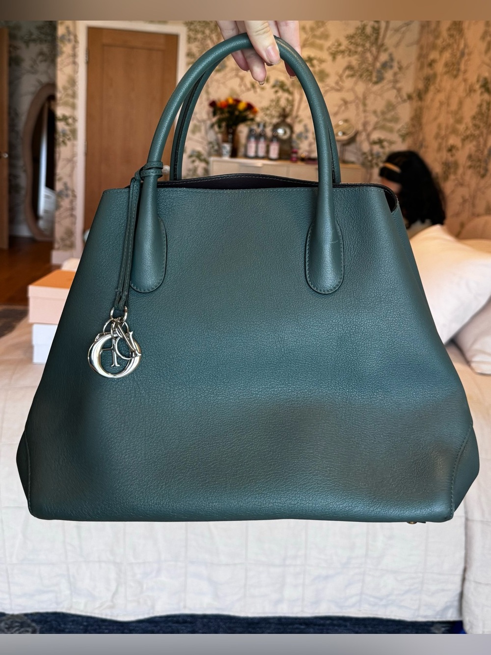 Dior Luxury Dark Green Leather Tote Bag with Silver Charm